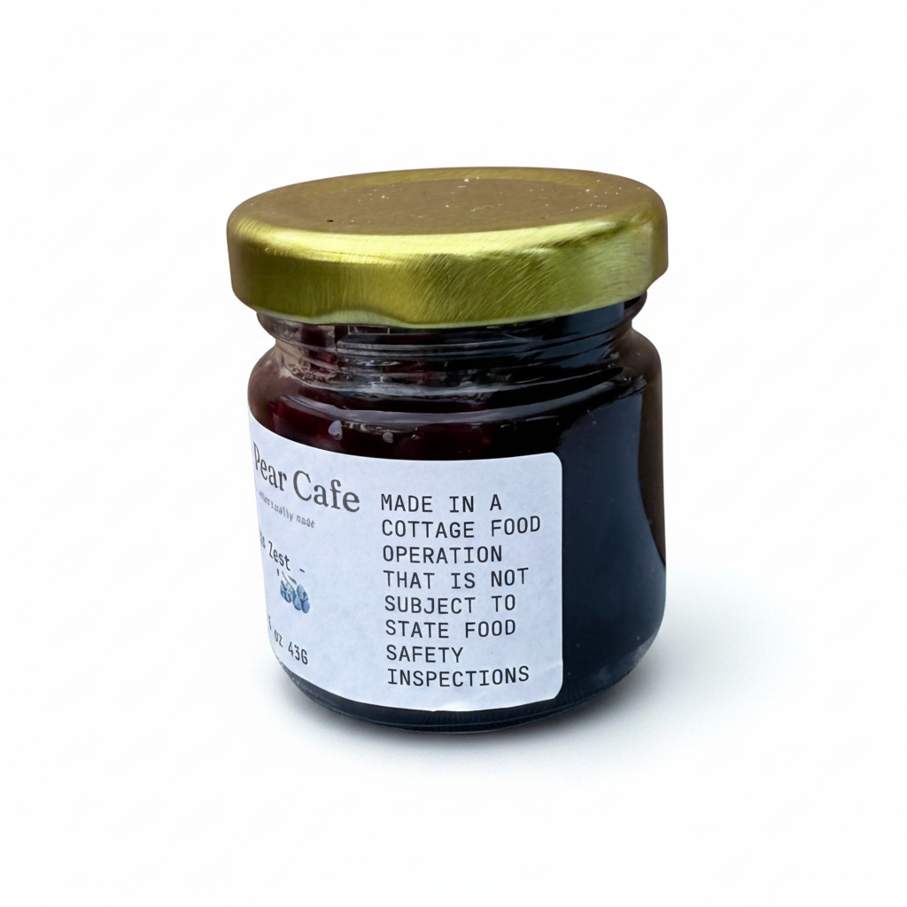 Cozy Pear Cafe Indigo Zest blueberry and citrus jam in a small glass jar with a gold lid on a white background