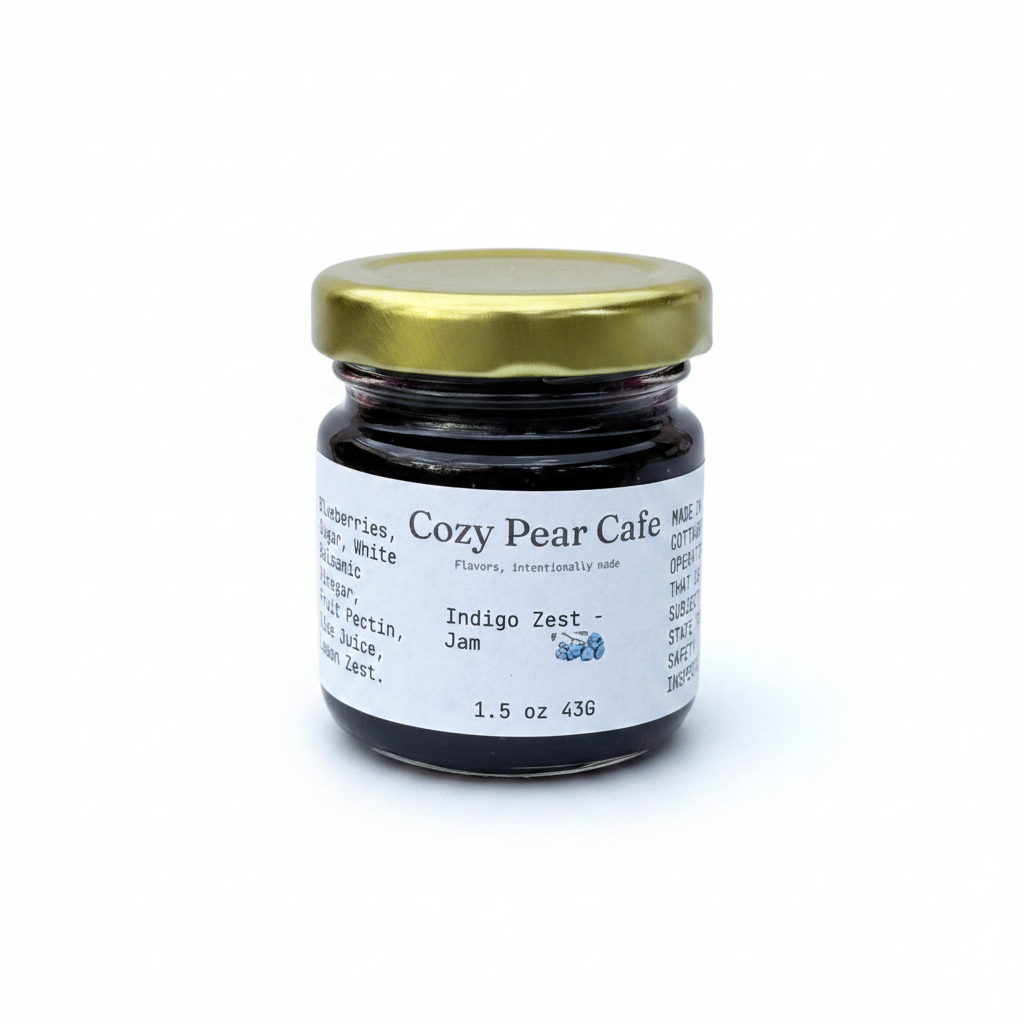 Cozy Pear Cafe Indigo Zest blueberry and citrus jam in a small glass jar with a gold lid on a white background