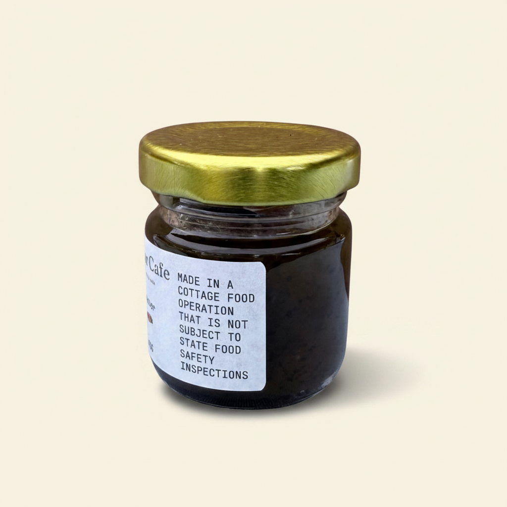 Cozy Pear Cafe Meridian Amber fruit jam in a small 1.5 oz glass jar with a gold lid against a cream background.