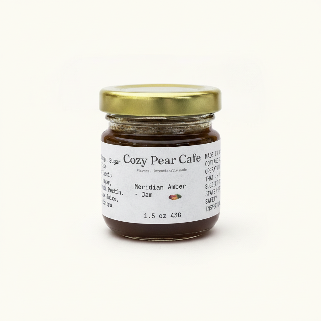 Cozy Pear Cafe Meridian Amber fruit jam in a small 1.5 oz glass jar with a gold lid on a white background.